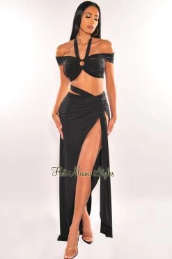 SK CLOTHING Black Halter Off Shoulder O-Ring Strap Slit Skirt Two Piece Set Just In
