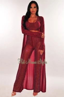 Vendor-unknown Wine Iridescent Rhinestone Studded Duster Coat Just In