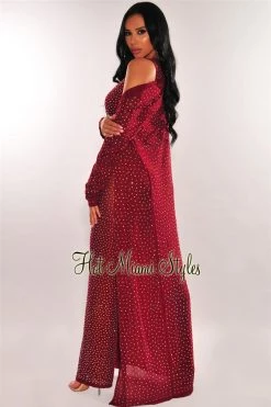 Vendor-unknown Wine Iridescent Rhinestone Studded Duster Coat Just In