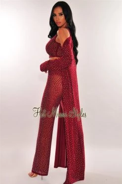 Vendor-unknown Wine Iridescent Rhinestone Studded Duster Coat Just In