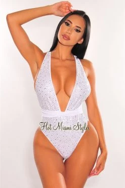 Vendor-unknown Just In White Silver Rhinestones Halter Multi Wear Swimsuit