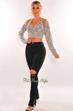 Vendor-unknown Gray Marl Halter Crop Top + Bolero Long Sleeve Jacket