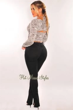 Vendor-unknown Gray Marl Halter Crop Top + Bolero Long Sleeve Jacket