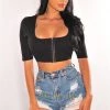 Vendor-unknown Just In Black Ribbed Squared Neck Short Sleeve Bustier Crop Top