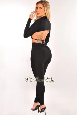 Vendor-unknown Just In Black Ribbed Long Sleeve Drawstring Cut Out Back Crop Top
