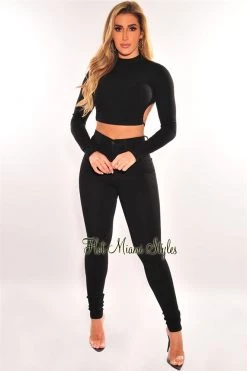 Vendor-unknown Just In Black Ribbed Long Sleeve Drawstring Cut Out Back Crop Top