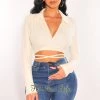 Vendor-unknown Cream Ribbed Knit Collared Long Sleeve Sweater Crop Top Just In