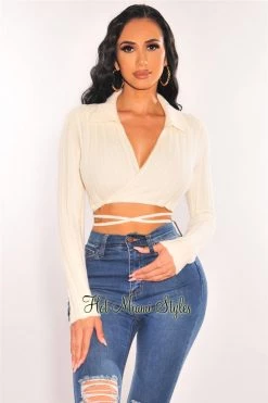 Vendor-unknown Cream Ribbed Knit Collared Long Sleeve Sweater Crop Top Just In