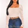 Orange Shine White Sheer Mesh Ruched Long Sleeves Bodysuit
