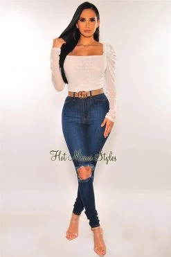 Orange Shine White Sheer Mesh Ruched Long Sleeves Bodysuit