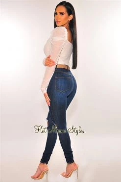 Orange Shine White Sheer Mesh Ruched Long Sleeves Bodysuit