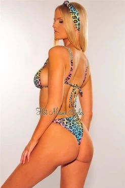 Vendor-unknown Just In Multi Color Leopard Print Rhinestone Buckle Padded Tie Up Bikini