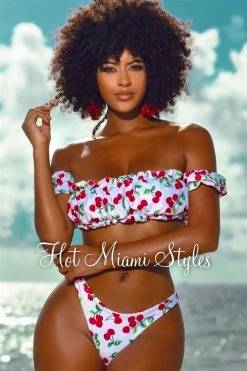 Vendor-unknown White Red Cherry Off Shoulder Ruffle Trim Bikini Just In