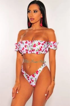 Vendor-unknown White Red Cherry Off Shoulder Ruffle Trim Bikini Just In