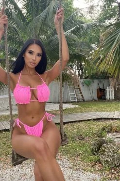 Vendor-unknown Hot Pink Ruched Bust Frill Padded Bandeau Bikini