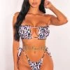 Vendor-unknown White Multi Color Leopard Print Ruched Bust Frill Padded Bandeau Bikini Just In