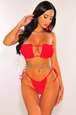 Vendor-unknown Red Ruched Bust Frill Padded Bandeau Bikini
