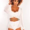 Vendor-unknown Just In White Crochet Lace Up Long Sleeves Shorts Two Piece Set Cover Up