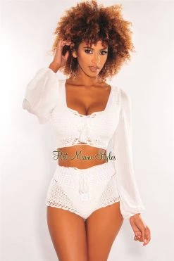Vendor-unknown Just In White Crochet Lace Up Long Sleeves Shorts Two Piece Set Cover Up
