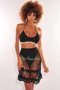 Vendor-unknown Just In Black Crochet Halter Cowrie Shells Skirt Two Piece Set Cover Up