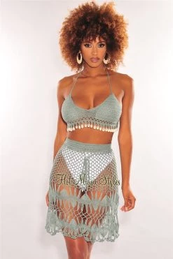 Vendor-unknown Sage Crochet Halter Cowrie Shells Skirt Two Piece Set Cover Up Just In