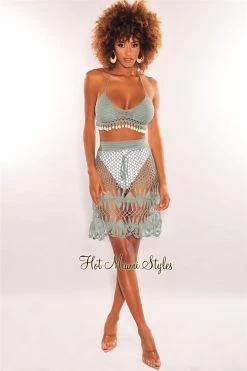 Vendor-unknown Sage Crochet Halter Cowrie Shells Skirt Two Piece Set Cover Up Just In