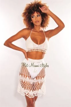 Vendor-unknown Just In White Crochet Halter Cowrie Shells Skirt Two Piece Set Cover Up
