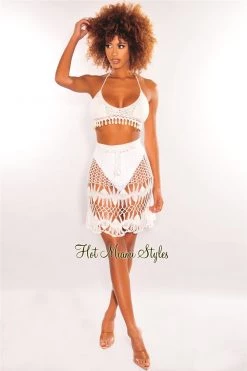 Vendor-unknown Just In White Crochet Halter Cowrie Shells Skirt Two Piece Set Cover Up