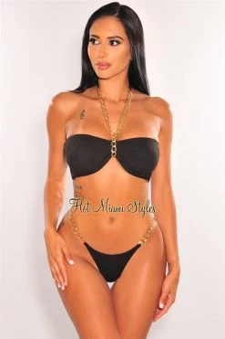 Vendor-unknown Black Ribbed Gold Chain Padded Thong Bikini Just In
