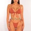 Vendor-unknown Latte Ribbed Padded Ruffle Tie Up Bikini