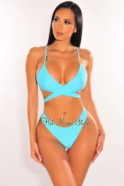 Vendor-unknown Just In Aqua Padded Crochet Spaghetti Straps Wrap Around Bikini