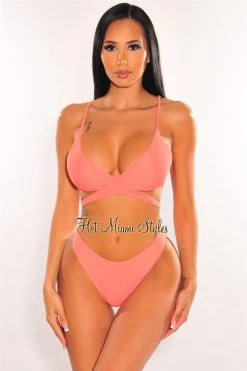 Vendor-unknown Coral Padded Crochet Spaghetti Straps Wrap Around Bikini Just In