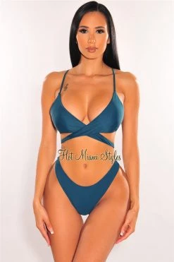 Vendor-unknown Teal Padded Crochet Spaghetti Straps Wrap Around Bikini