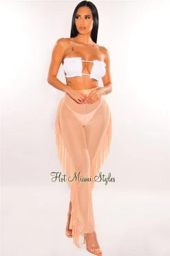 Vendor-unknown Just In Nude Mesh High Waist Ruffle Sides Pants Cover Up Pants