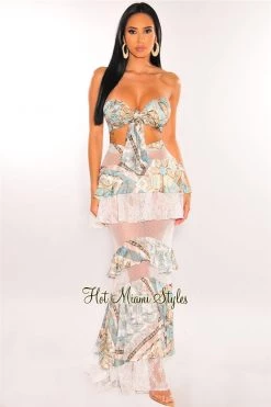 Vendor-unknown Teal Paisley Print Bandeau Padded Lace Ruffle Maxi Skirt Two Piece Set Just In