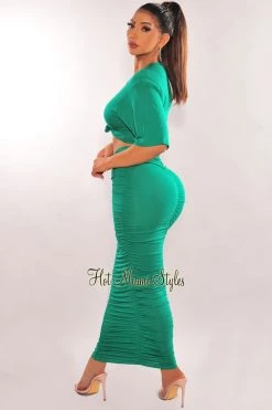 Cherie Green Short Sleeve Cut Out Ruched Maxi Dress Just In