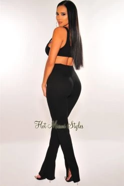 Sole Mio (set) Black Ribbed Knit Underwire High Waist Palazzo Two Piece Set