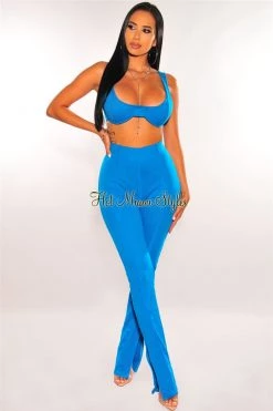 Sole Mio (set) Turquoise Ribbed Knit Underwire High Waist Palazzo Two Piece Set