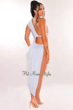 HER SHE Iced Blue Silky One Shoulder Cut Out Drawstring Slit Dress