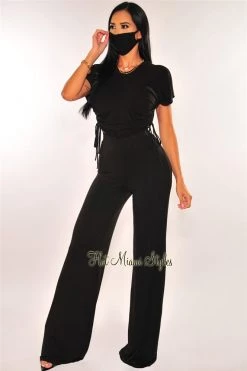 Sole Mio (set) Black Ruched Short Sleeve Palazzo Two Piece Set + Facemask Just In