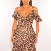 ZURA Leopard Print Off Shoulder Ruffle Wrap Baby Doll Dress Just In