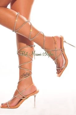 KIMENA INTERNATIONAL Nude Studded Wrapped Strappy Squared Toe High Heels