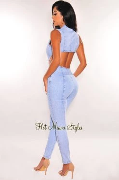 Rehab Just In Light Wash Denim Collared Sleeveless Zipper Cut Out Jumpsuit