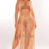 LOVESENSE Mocha Halter Crochet Knit Fringe Open Back Tie Up Cover Up