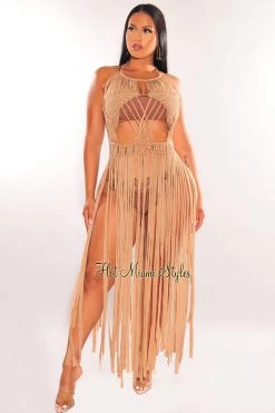 LOVESENSE Mocha Halter Crochet Knit Fringe Open Back Tie Up Cover Up