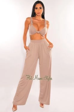 Dexire Taupe Knotted Palazzo Pants Two Piece Set Just In
