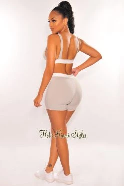 RIVIR OCULUS HMS Lounge: Light Gray White Ribbed Bralette Biker Shorts Two Piece Set Just In