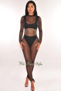 Hot & Delicious Black Mock Neck Sheer Cut Out Long Sleeve Jumpsuit Just In