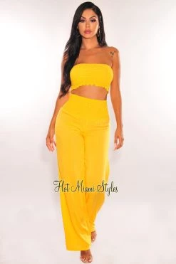 GOODTIME USA Just In Canary Yellow Smocked Bandeau Palazzo Pants Two Piece Set