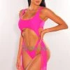 Vendor-unknown Hot Pink Cut Out O-Ring Fringe Ultra High Cut Thong Swimsuit